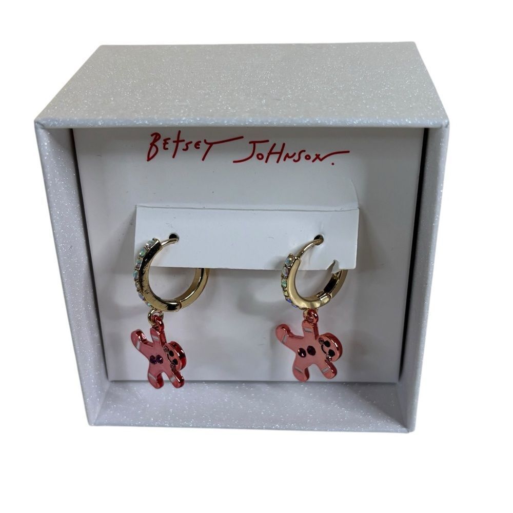 Betsey Johnson Rose Gold Toned Gingerbread Huggie Hoop Charm Earrings.